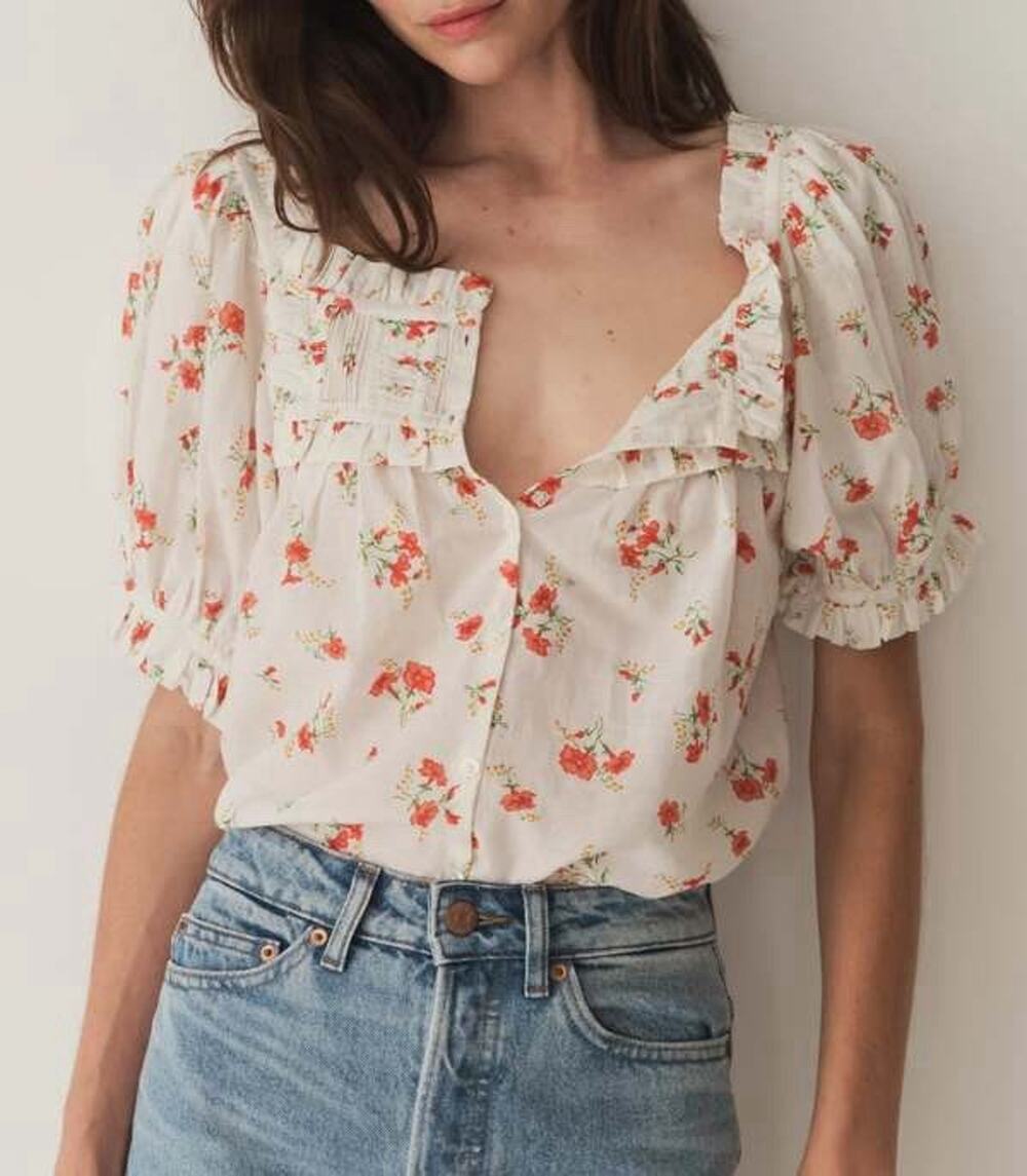 Doen Womens Farley Sweet Abelia Top Floral Printed Cotton Blouse Tunic Top XS